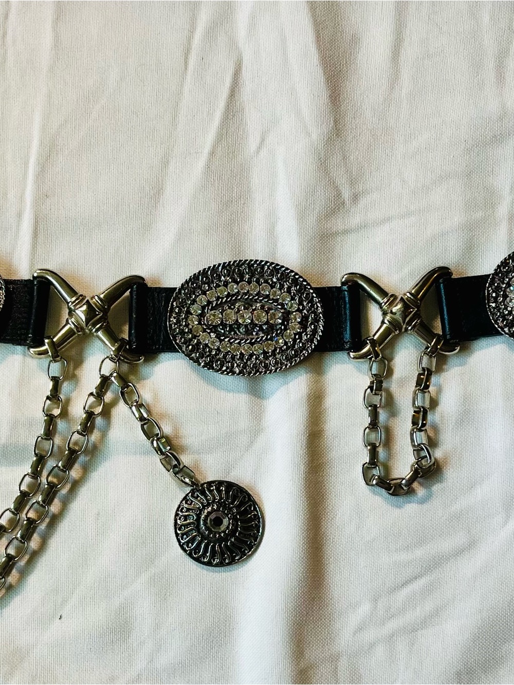 Cache Black Leather Belt, Silver Oval Conchos,Sparkle Rhinestones, Chain Charm
